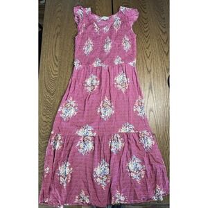 Loft Dress Womens S Pink Floral Smocked Tiered Flutter Sleeve Cottagecore Midi
